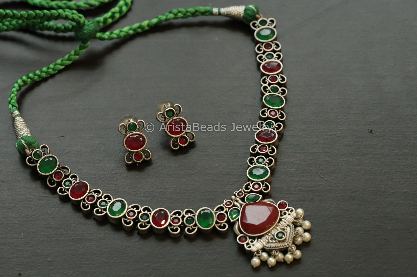 Oxidized Monalisa Necklace Set - Green & Ruby