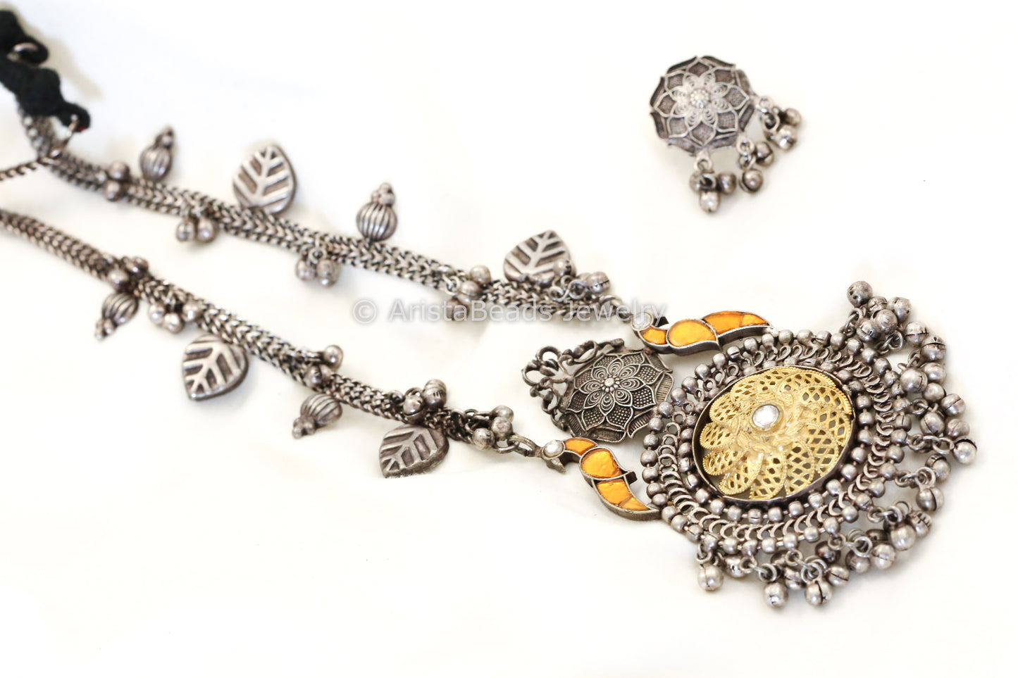 925 Silver Polish Pachi Kundan Necklace Set -Yellow