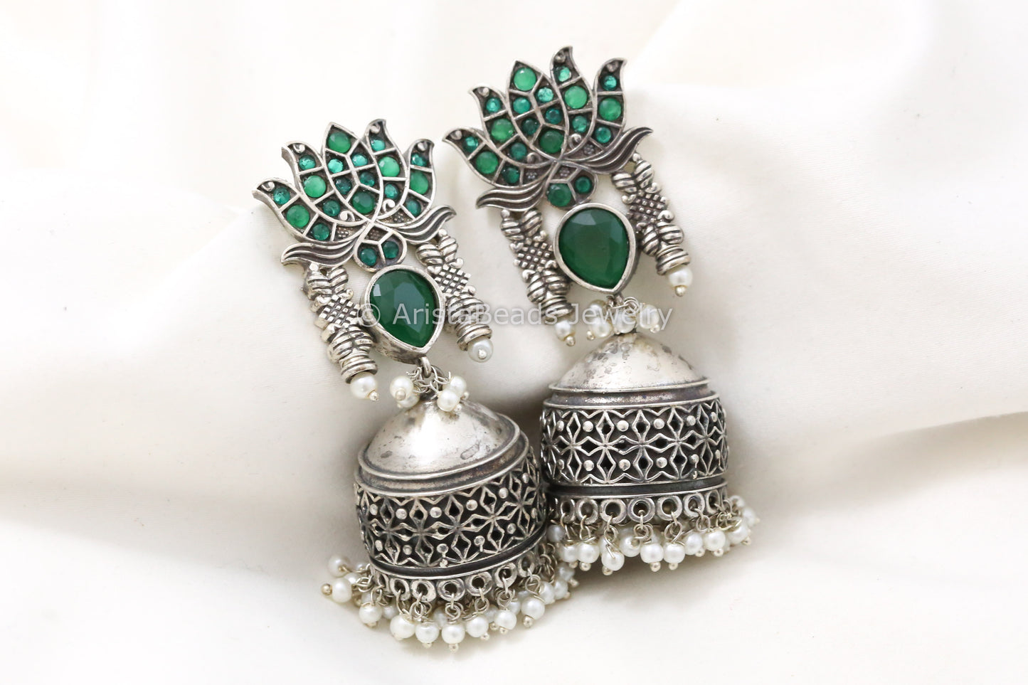 Silver Look Lotus Jhumka - Emerald