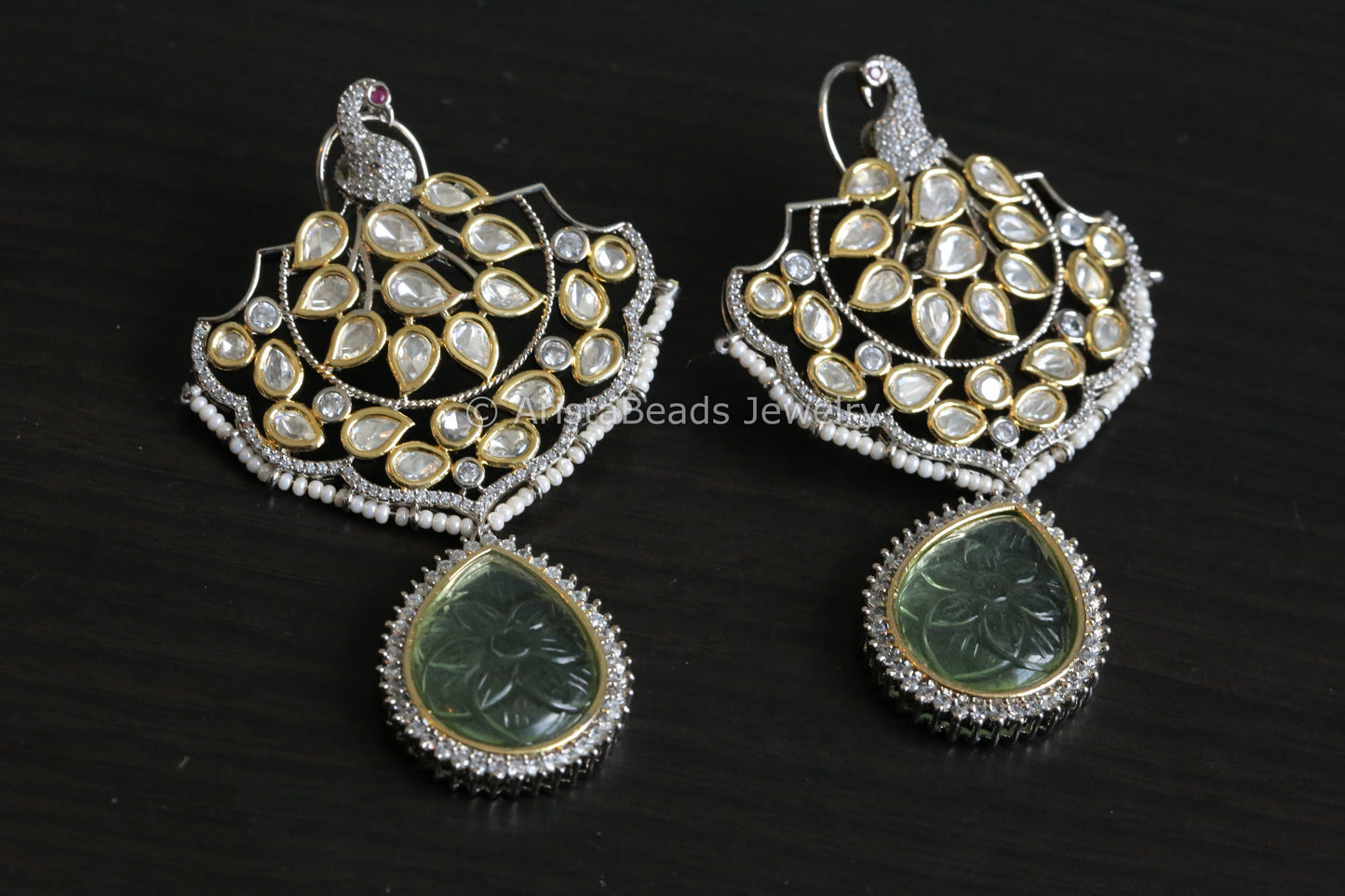 Extra Large Uncut Polki Earrings - Green Carved Stone