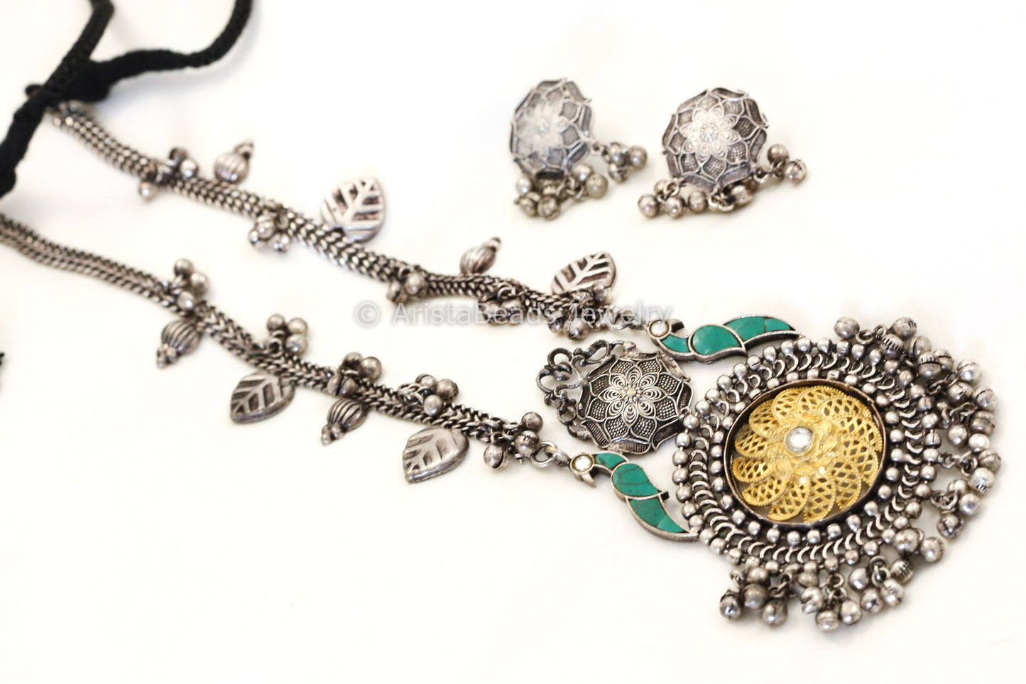 Silver Polish Pachi Kundan Necklace Set -Turquoise