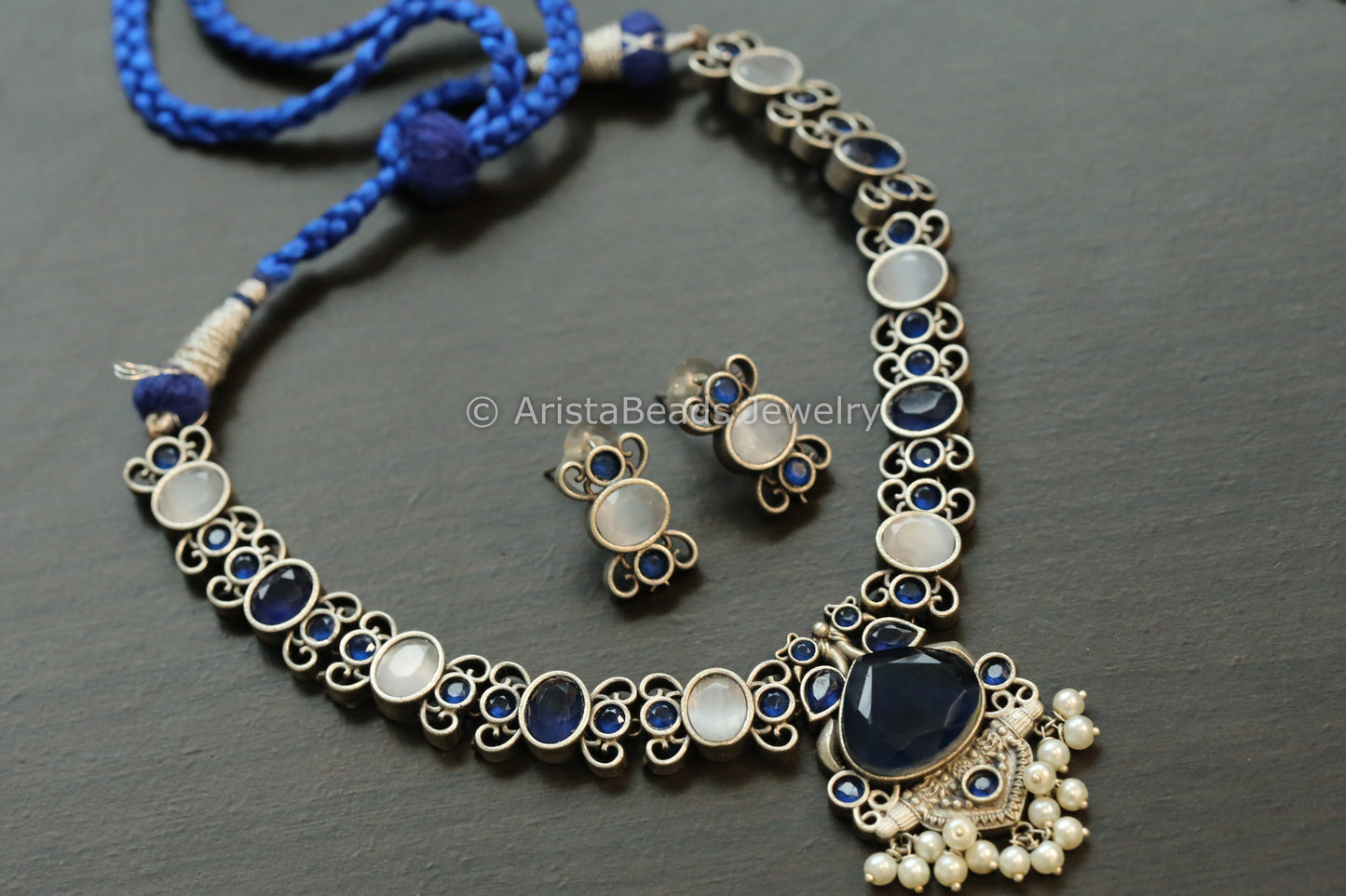 Oxidized Monalisa Necklace Set - Blue  & Gray