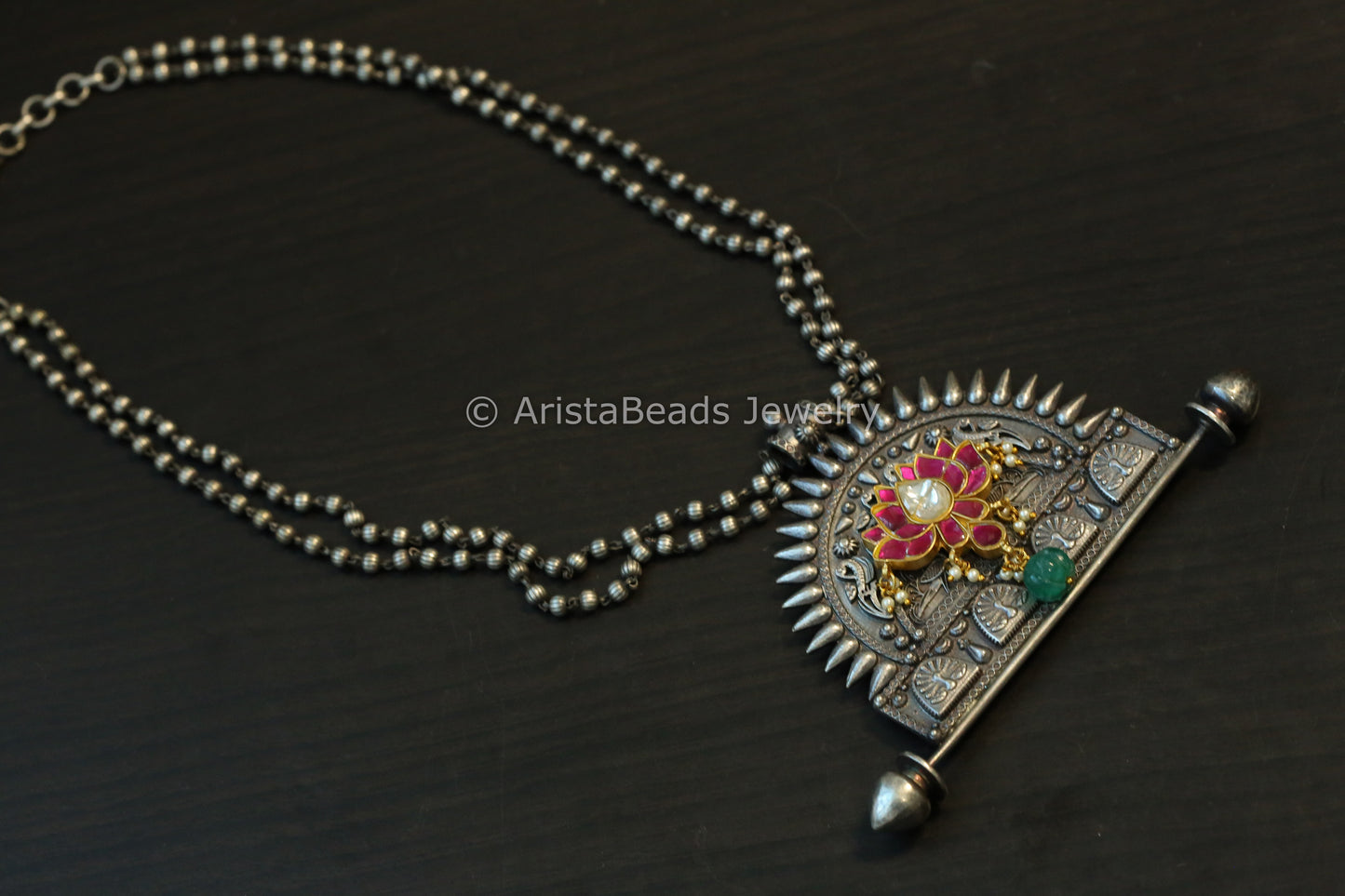 Silver Look Alike Necklace With Jadau Kundan Lotus Motif