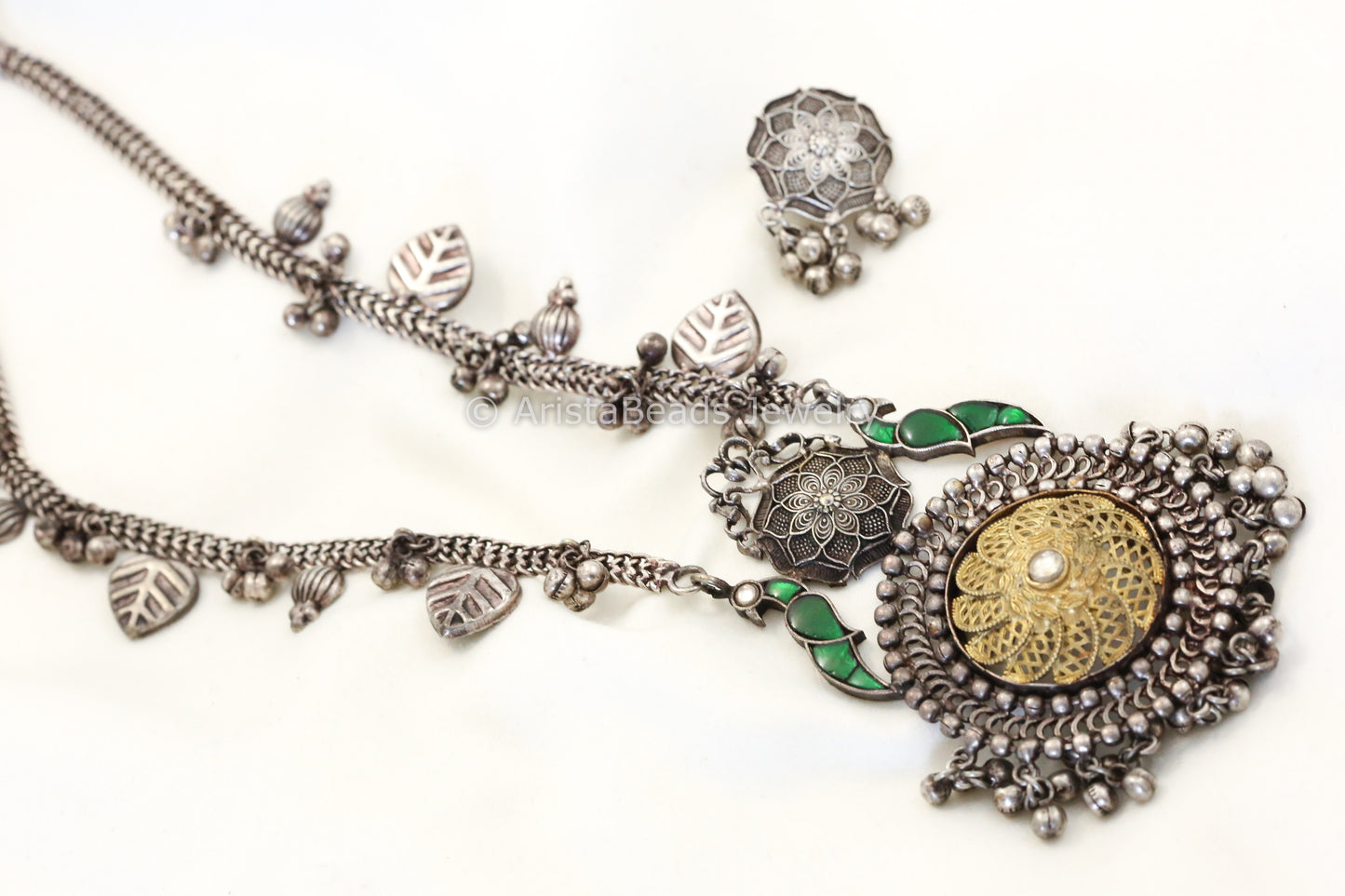 925 Silver Polish Pachi Kundan Necklace Set -Green
