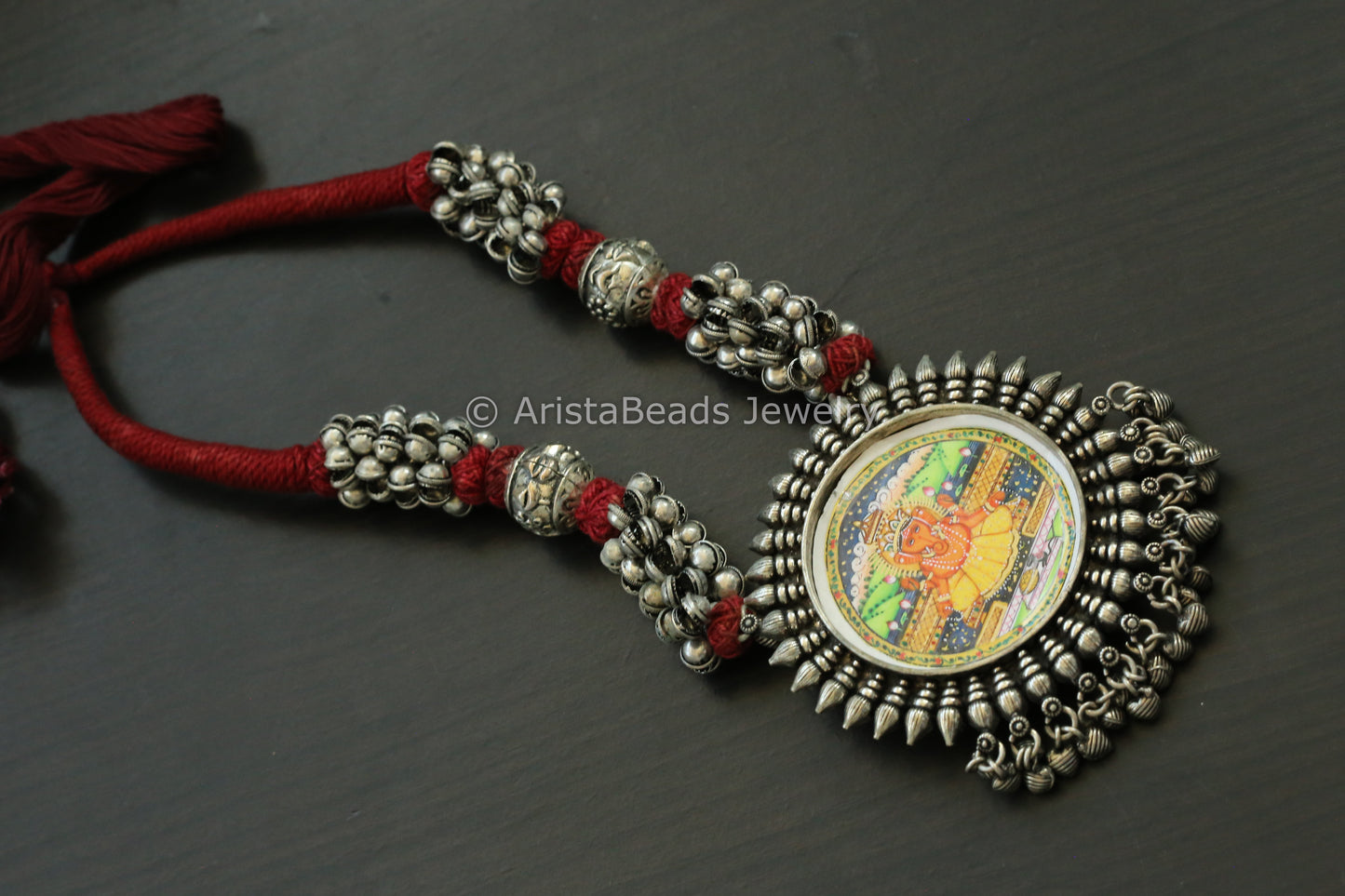 Hand Painted Silver Look Necklace - Dark Red Thread