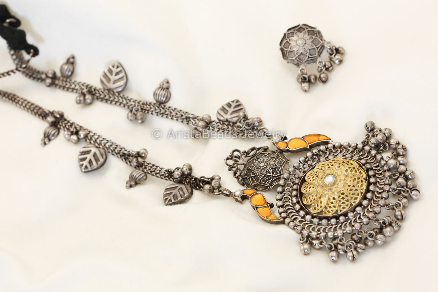 925 Silver Polish Pachi Kundan Necklace Set -Yellow