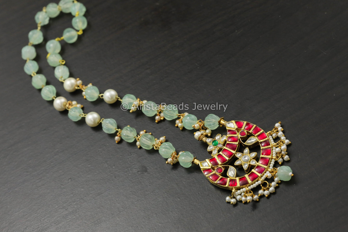 Jadau Kundan Mint Beads Necklace