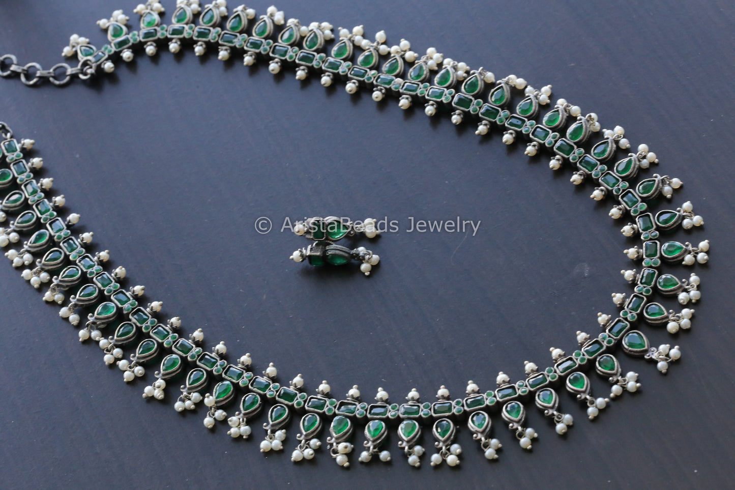 Long Oxidized Emerald Necklace Set