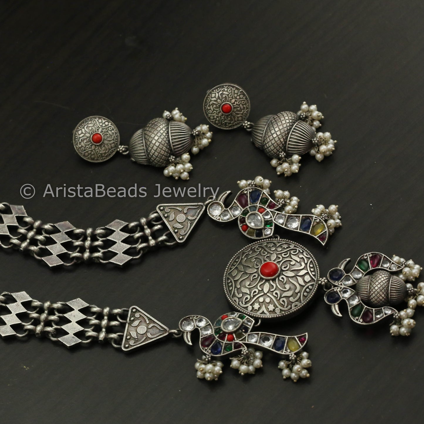 Oxidized Silver Look Alike Necklace Set - Navratana
