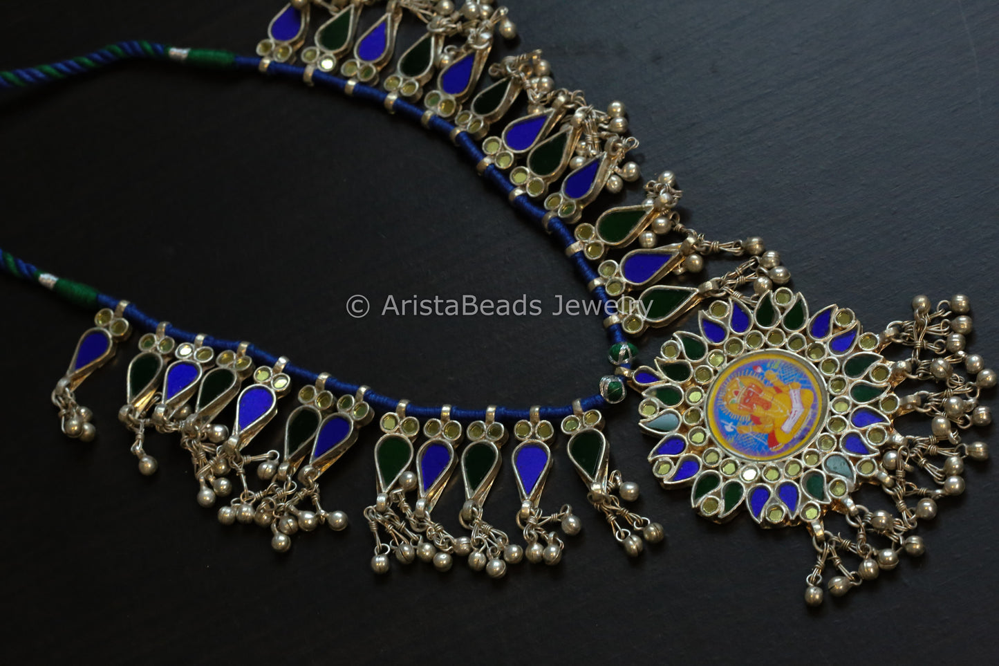 Darpan Oxidized Real Glass Long Necklace- Blue Green Yellow
