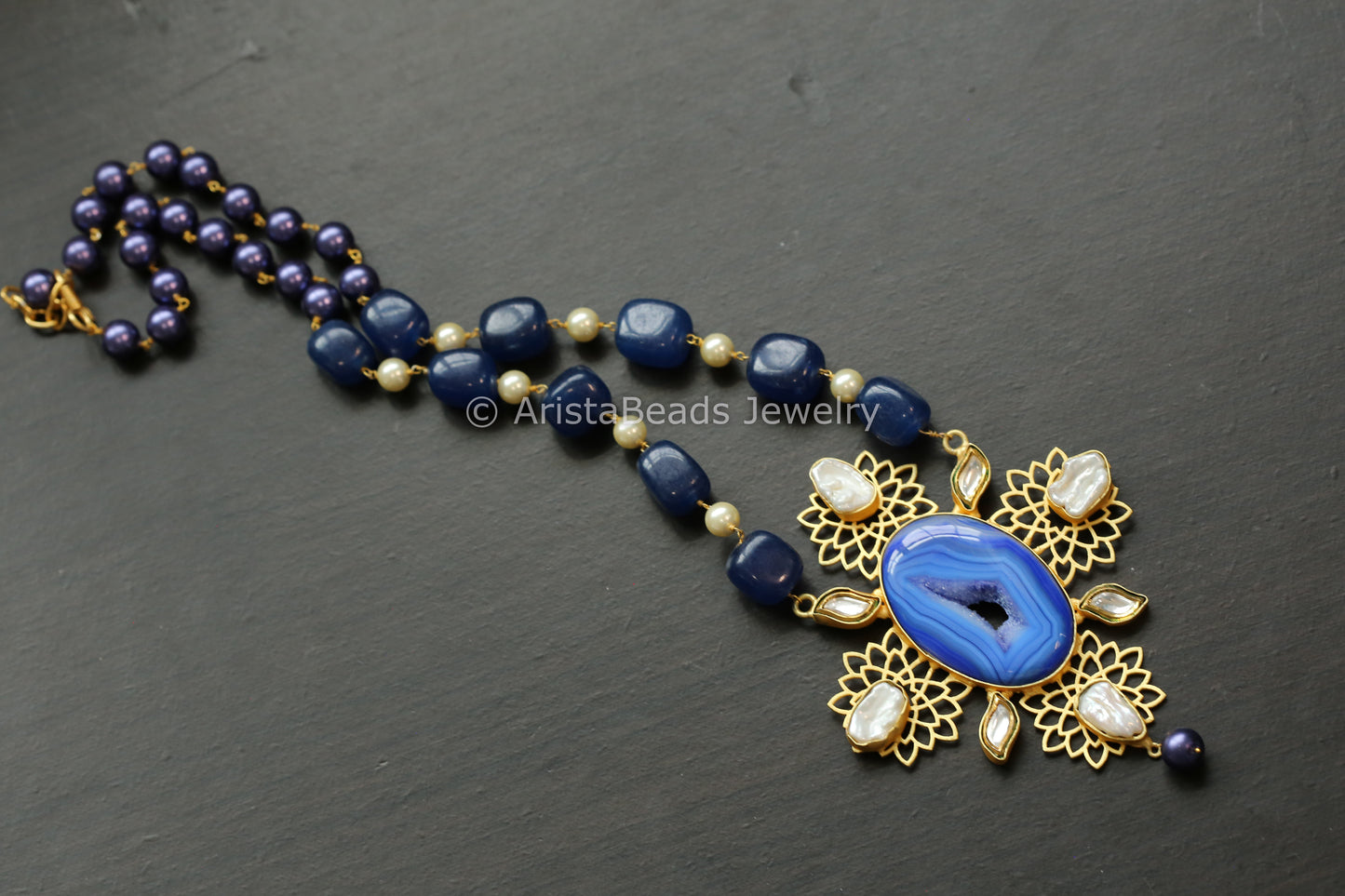 Contemporary Kundan, Baroque & Blue Agate Geode Druzy Necklace