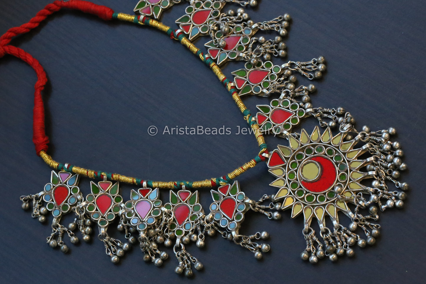 Long Real Glass Necklace - Green Red Yellow