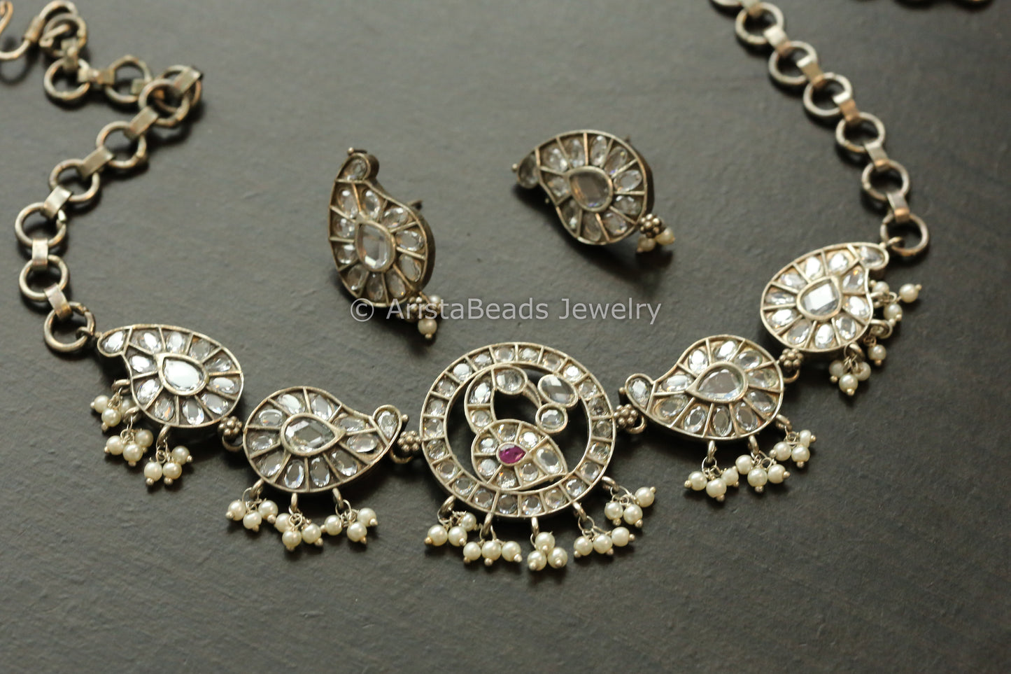Clear Oxidized Paisley Necklace Set