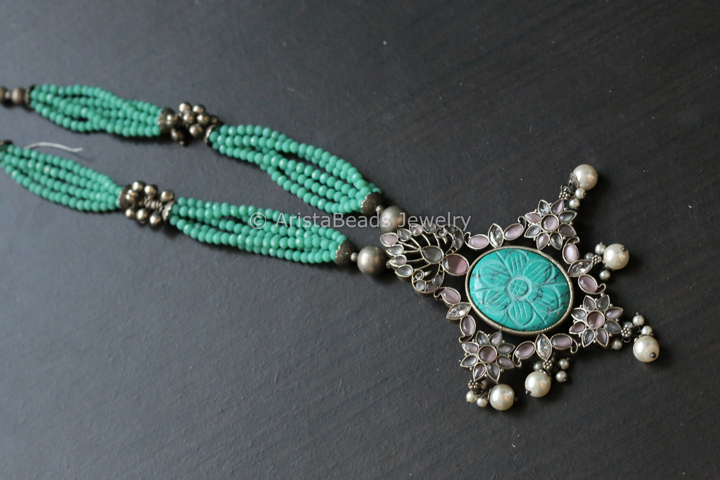 Oxidized Carved Stone Necklace - Turquoise