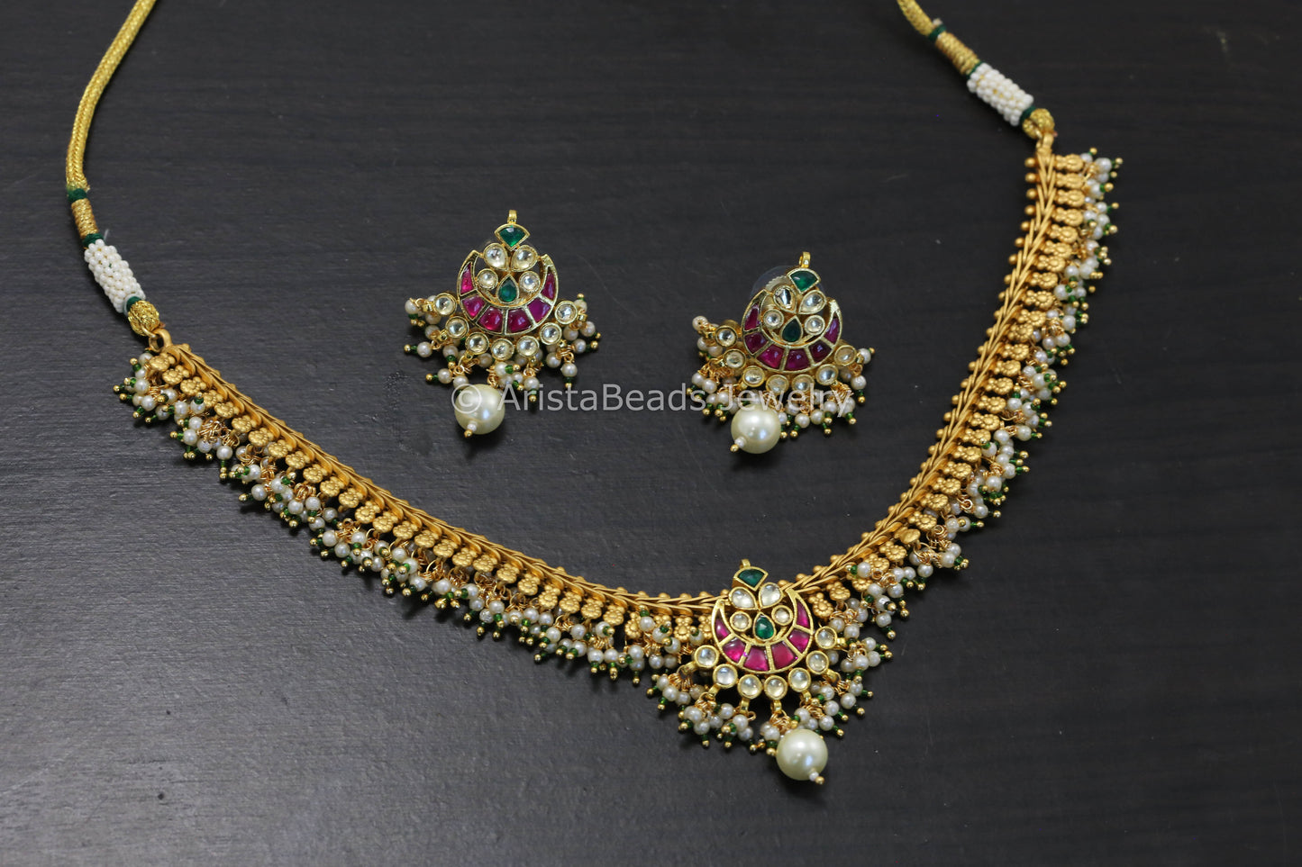 Real Gold Look Kundan Pachi Necklace Set