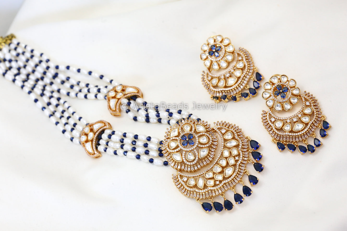 Real Pearls Kundan CZ Necklace Set - Blue