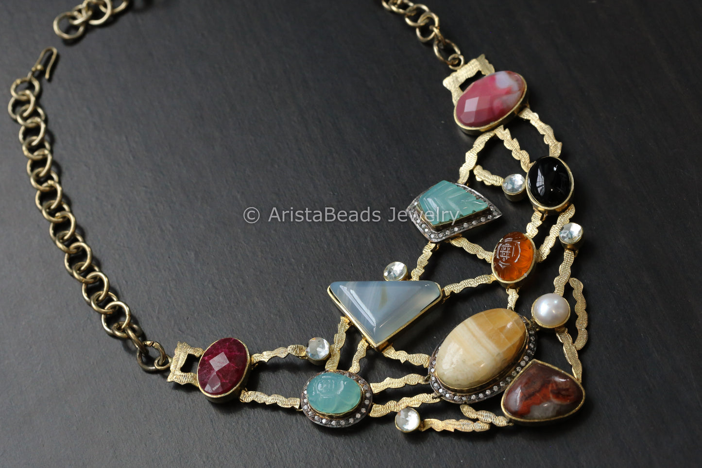 Dull Gold Handmade Semiprecious Stones Necklace