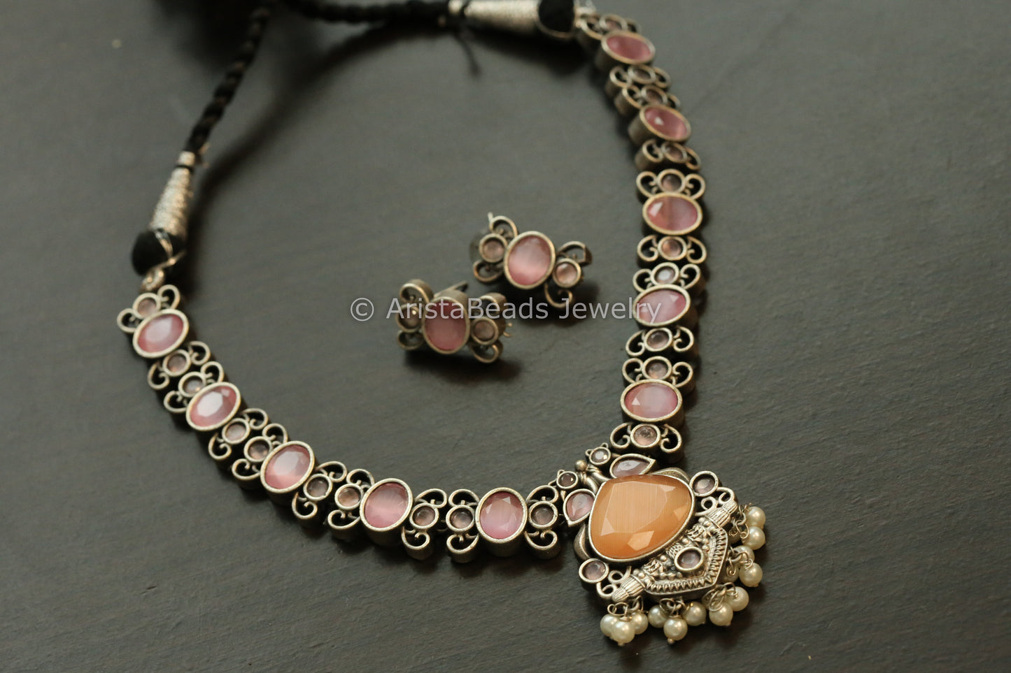 Oxidized Monalisa Necklace Set - Orange & Pink