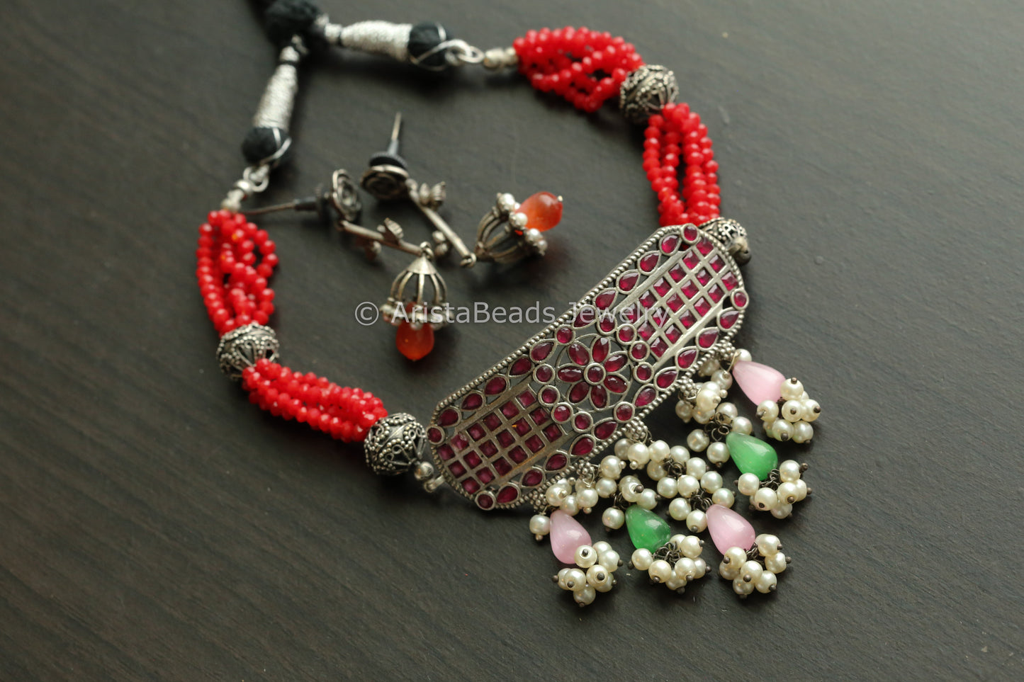 Oxidized Red Necklace Set