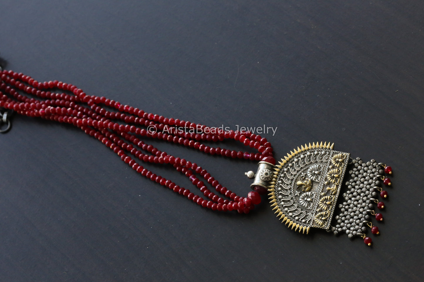 Red Beads Dual Tone Pendant Necklace