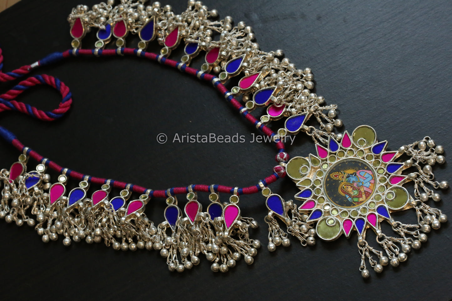 Darpan Oxidized Real Glass Long Necklace- Blue Pink