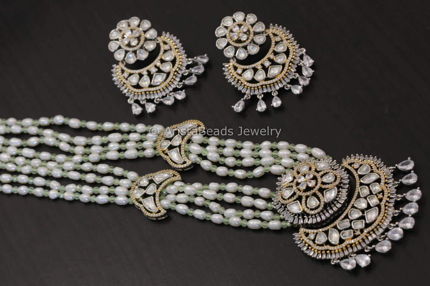 Real Pearls Kundan CZ Necklace Set - Mint Green