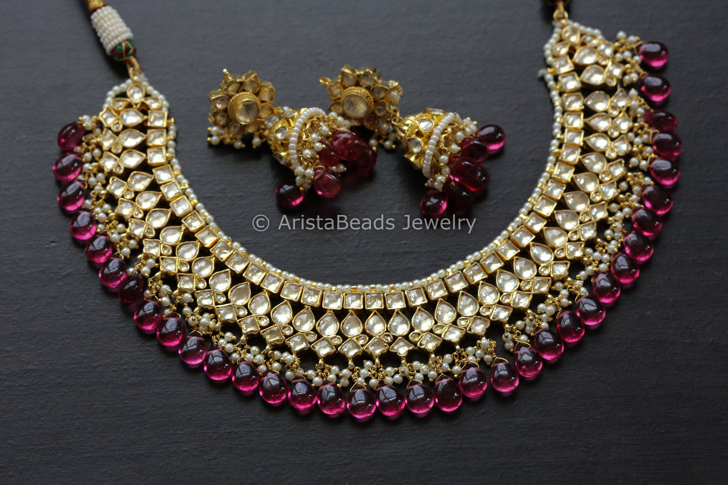 Pachi Kundan Necklace Set With  Rhodolite Drops