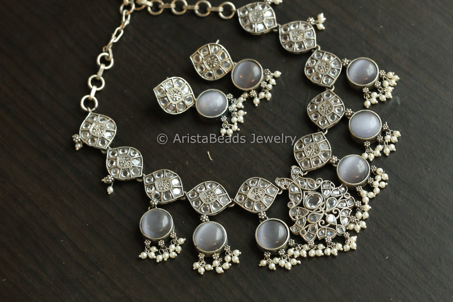 Monalisa Stones & CZ Oxidized Necklace Set - Gray