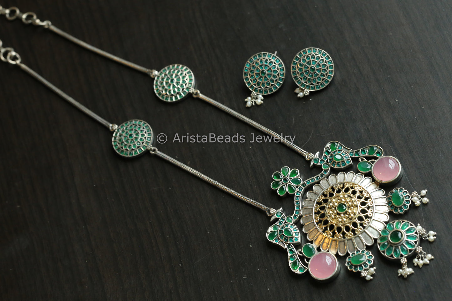 Long Jadau Replica Oxidized Necklace - Pink Green