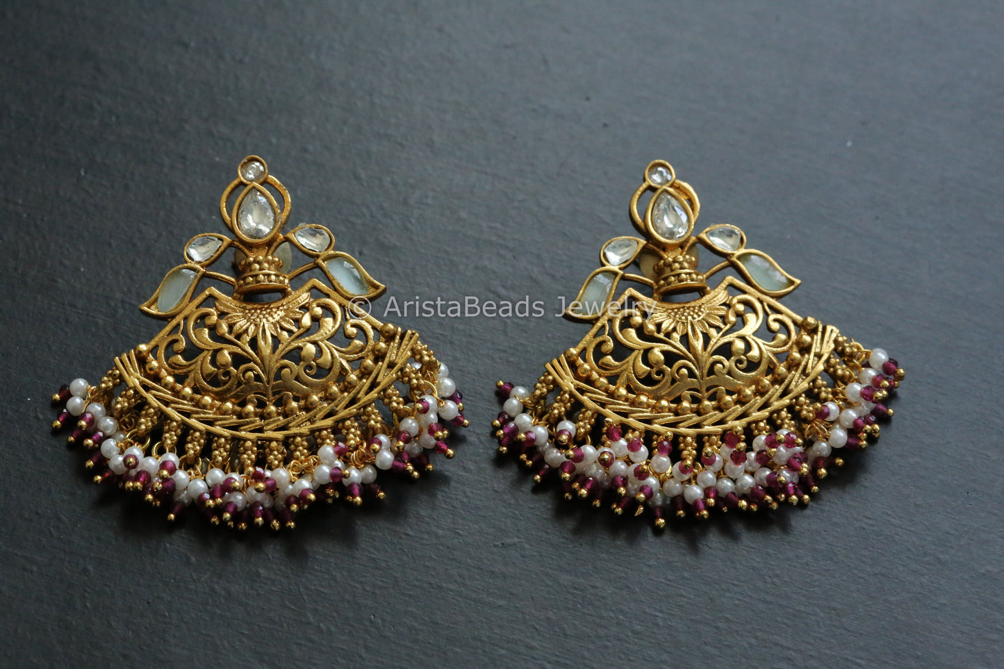 Antique Gold Filigree Chandbaali - Mint Red