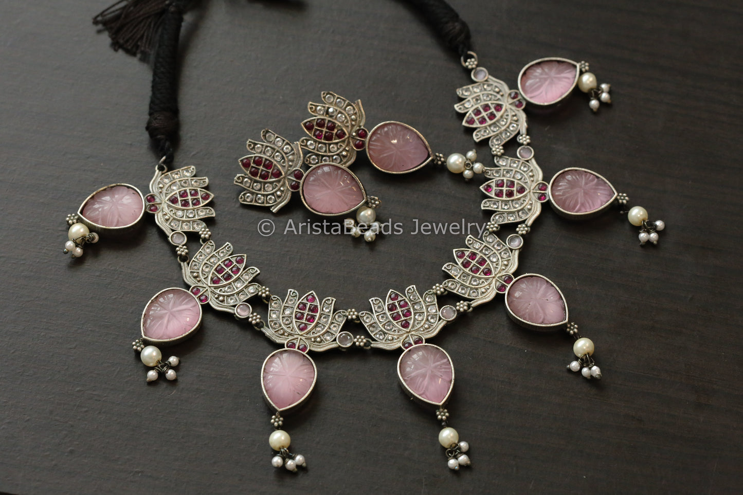 Oxidized Carved Stone Lotus Necklace Set - Pink