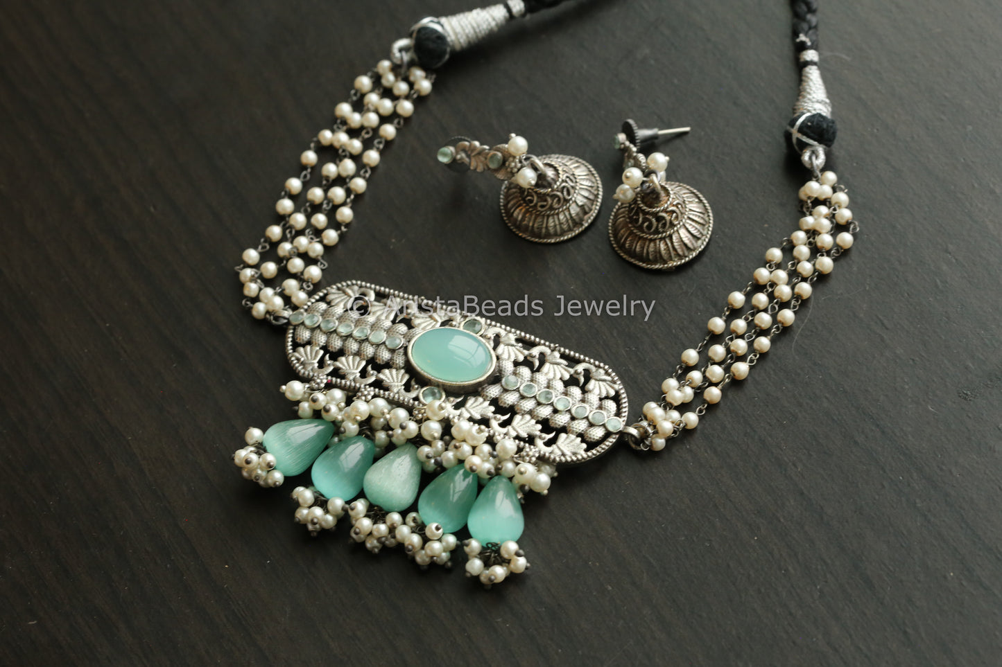Oxidized Necklace Set With Monalisa Stone Drops - Mint