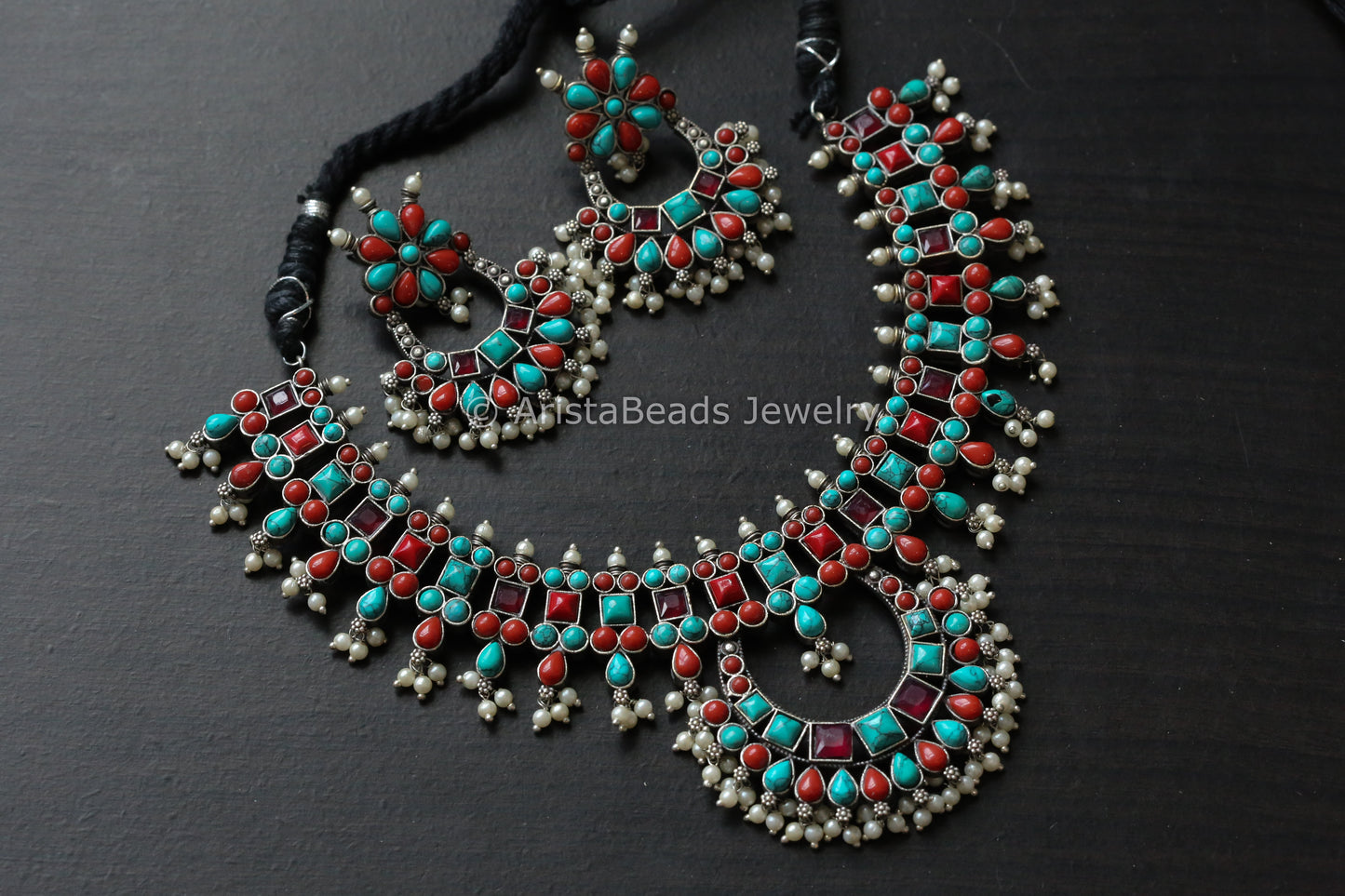 Turquoise Coral  Oxidized Chandbaali Necklace Set
