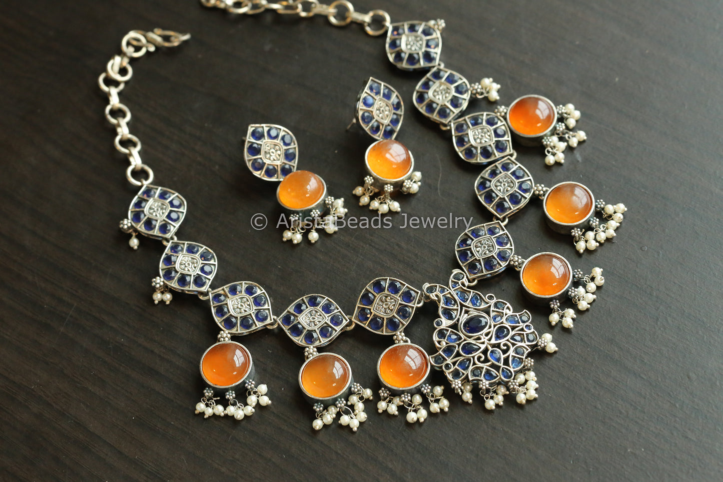 Monalisa & CZ Oxidized Necklace Set - Orange Blue