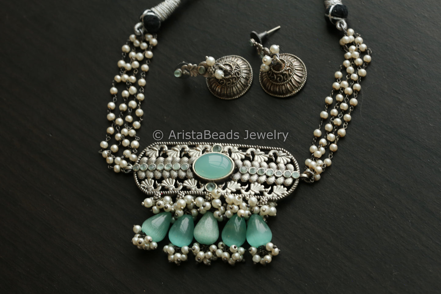 Oxidized Necklace Set With Monalisa Stone Drops - Mint