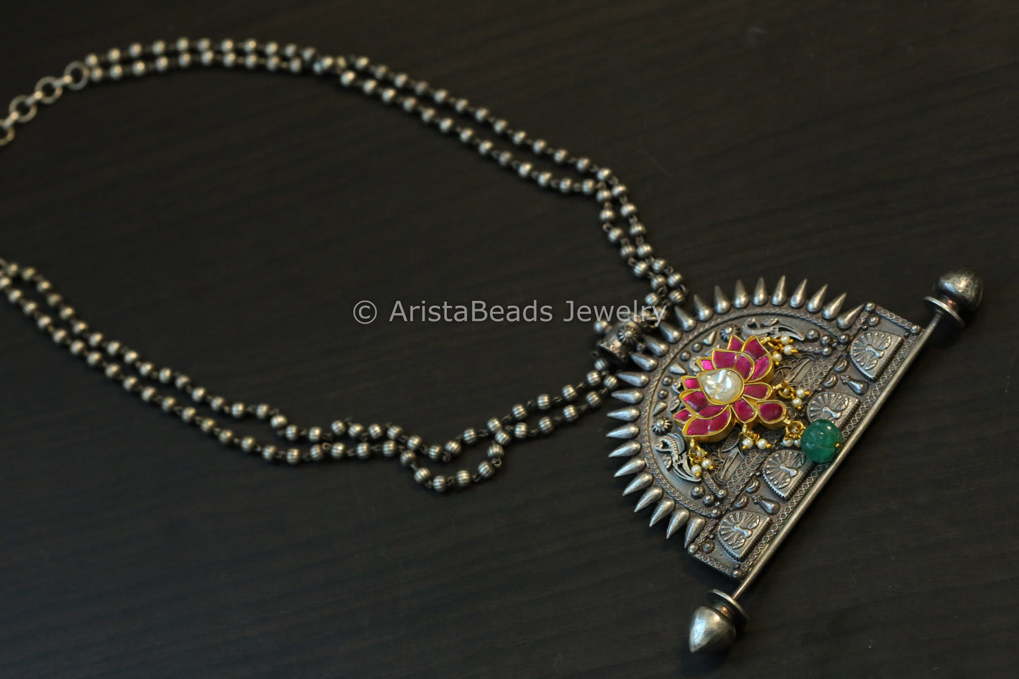 Silver Look Alike Necklace With Jadau Kundan Lotus Motif