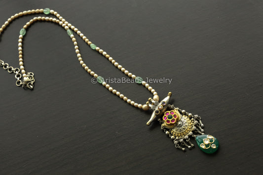 Kemp Kundan 925 Sterling Silver Necklace With Jadau Onyx Drop