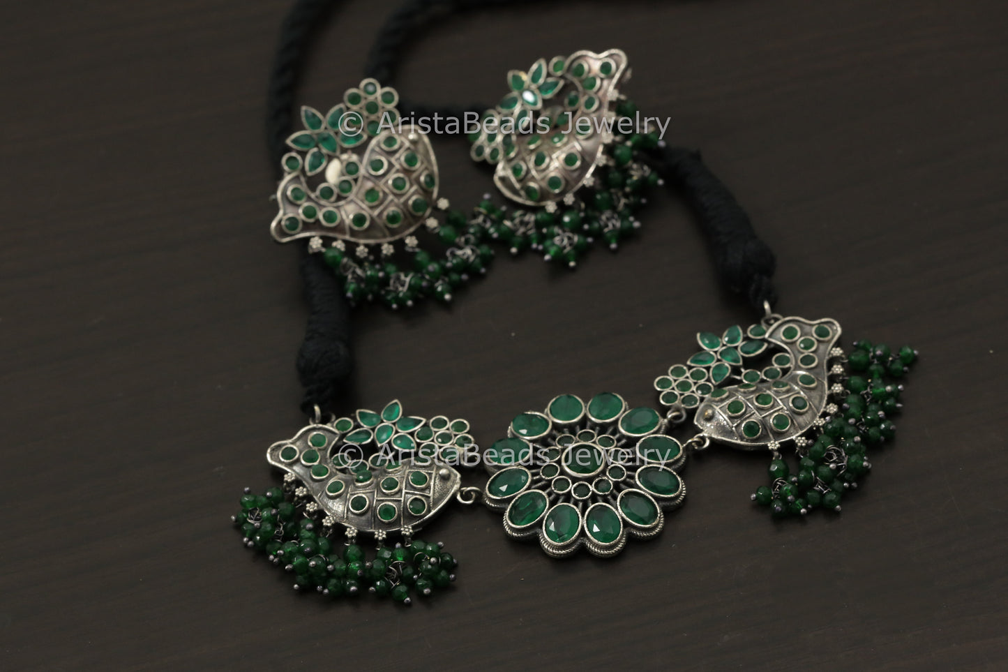 Silver Look Fish CZ Necklace Set - Green