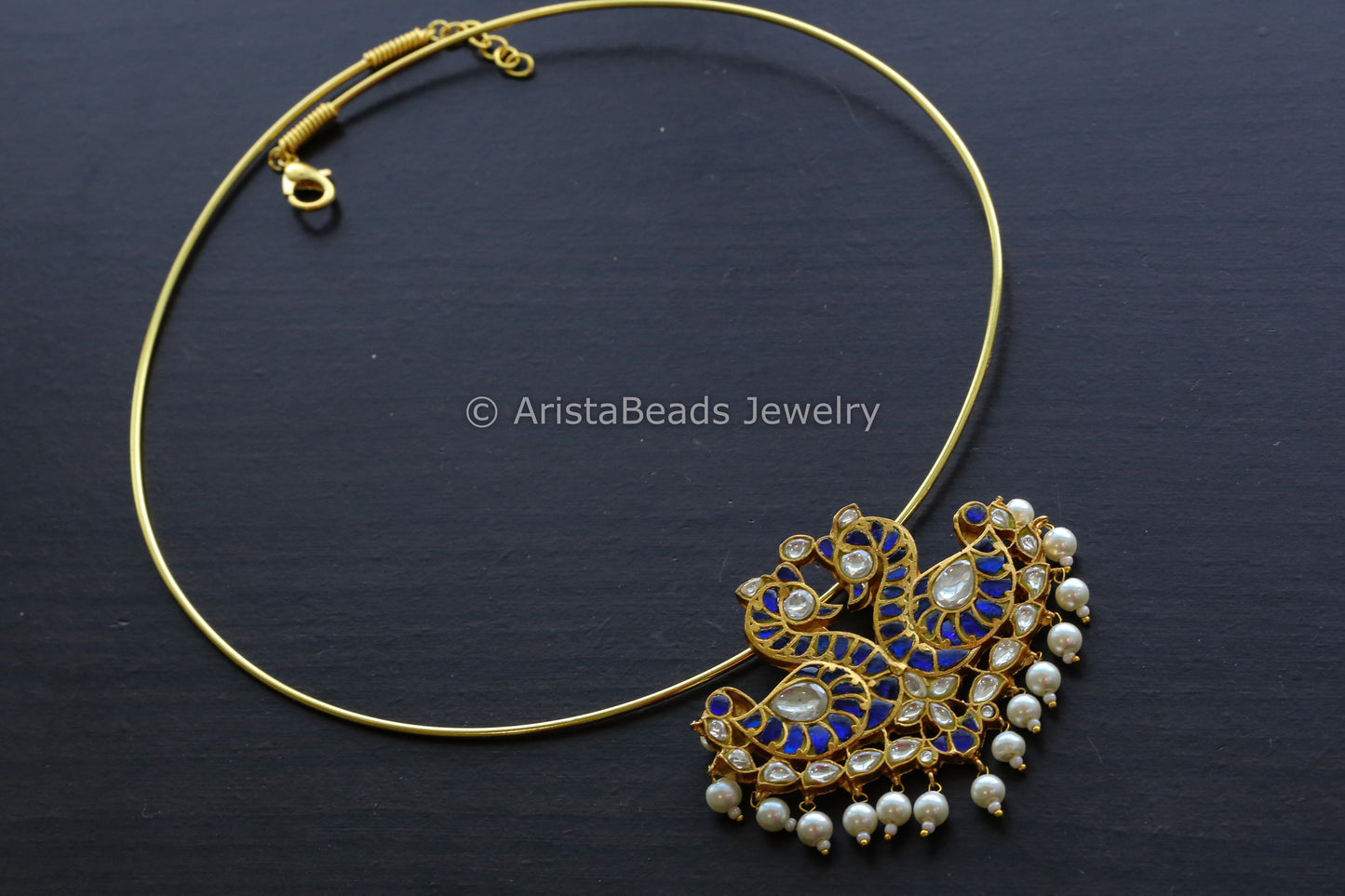 Kundan Jadau Blue Peacock Hasli Necklace (Removable)