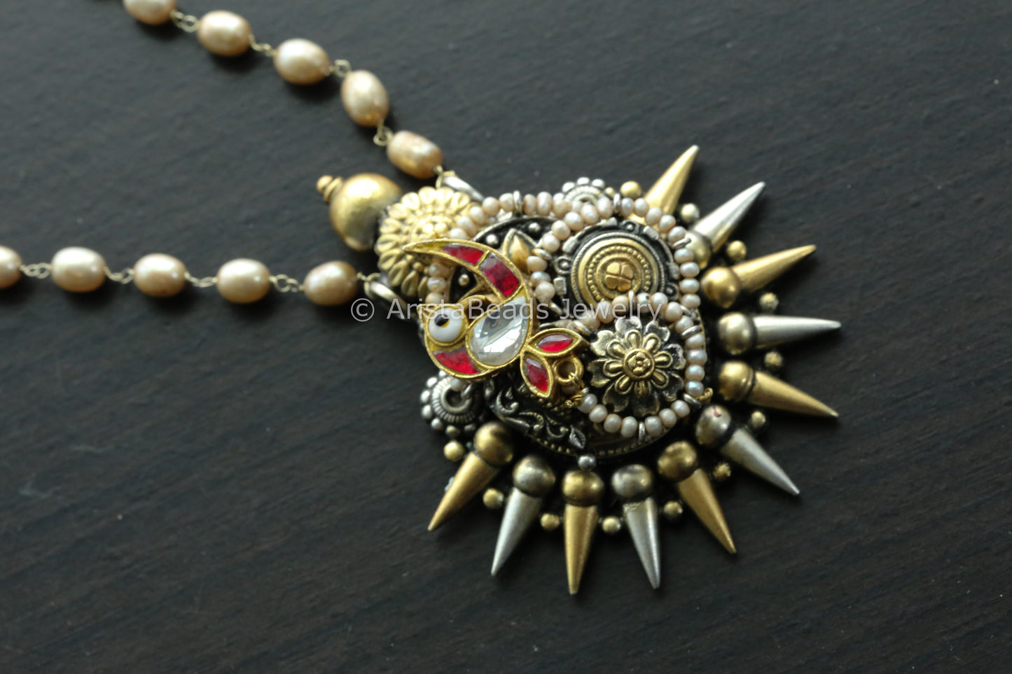 Jadau Kundan 925 Sterling Silver Designer Necklace ( Real Pearls)