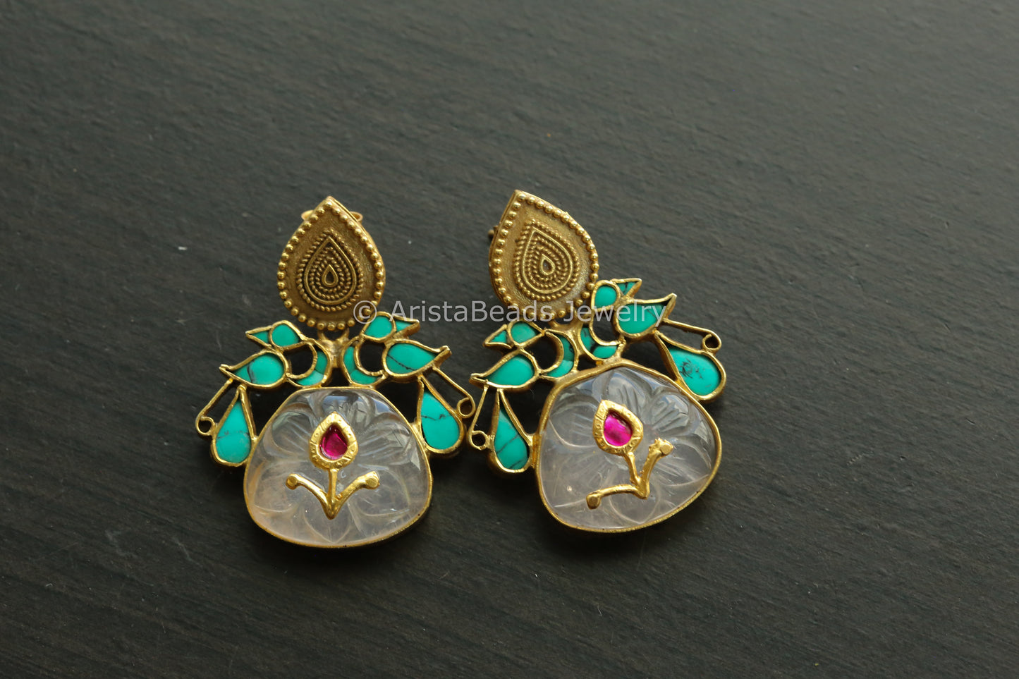 92.5 Jadau Rose Quartz & Turquoise Earrings