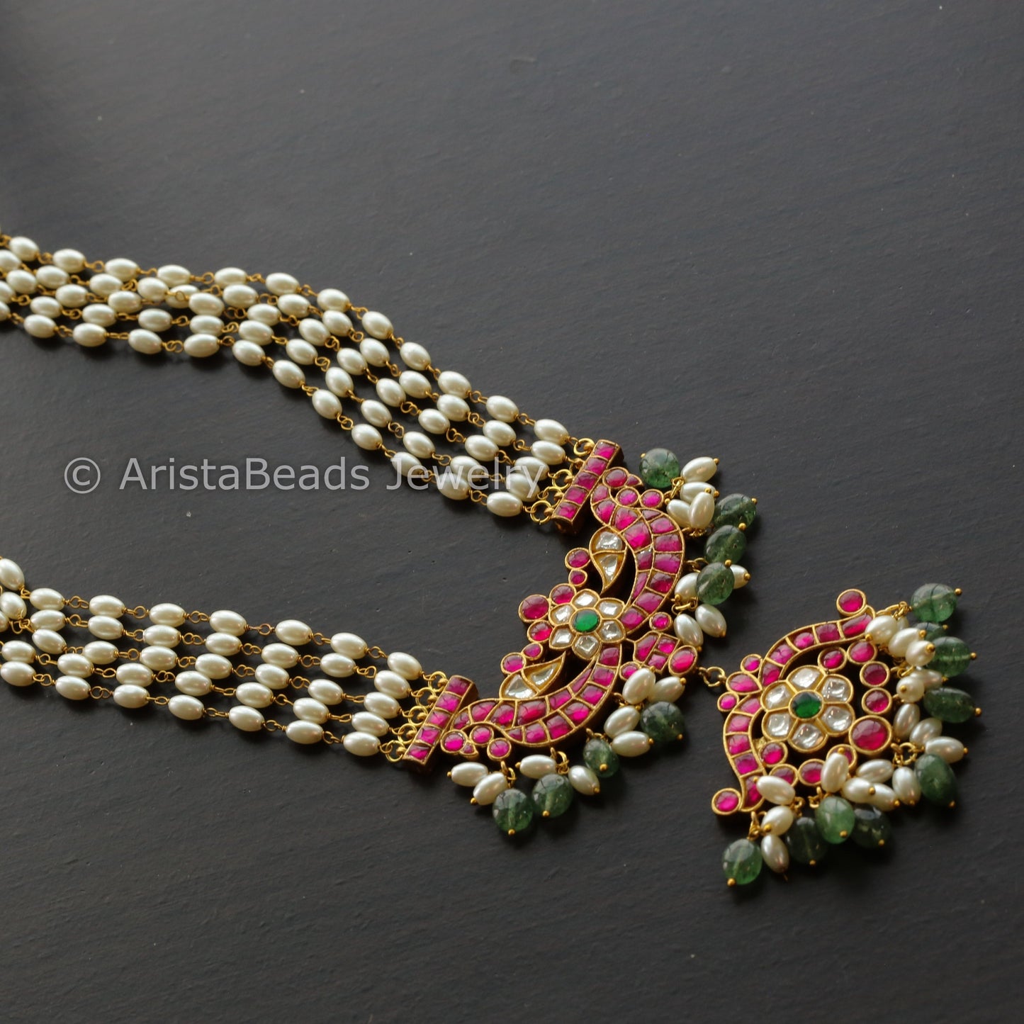 Jadau Kundan Rice Pearl Necklace - Aventurine Drops