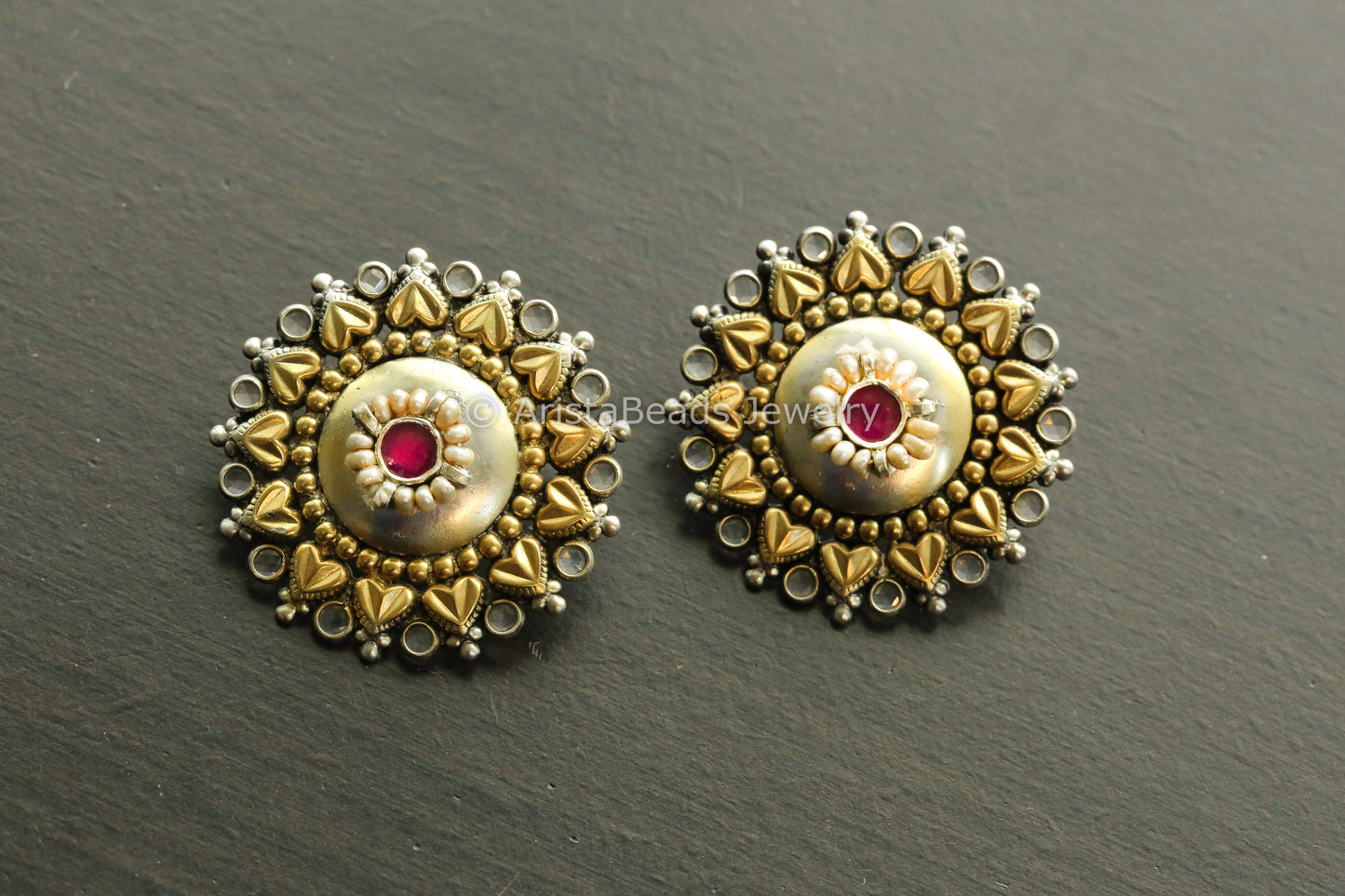Large Dual Tone 925 Sterling Silver Polki Studs