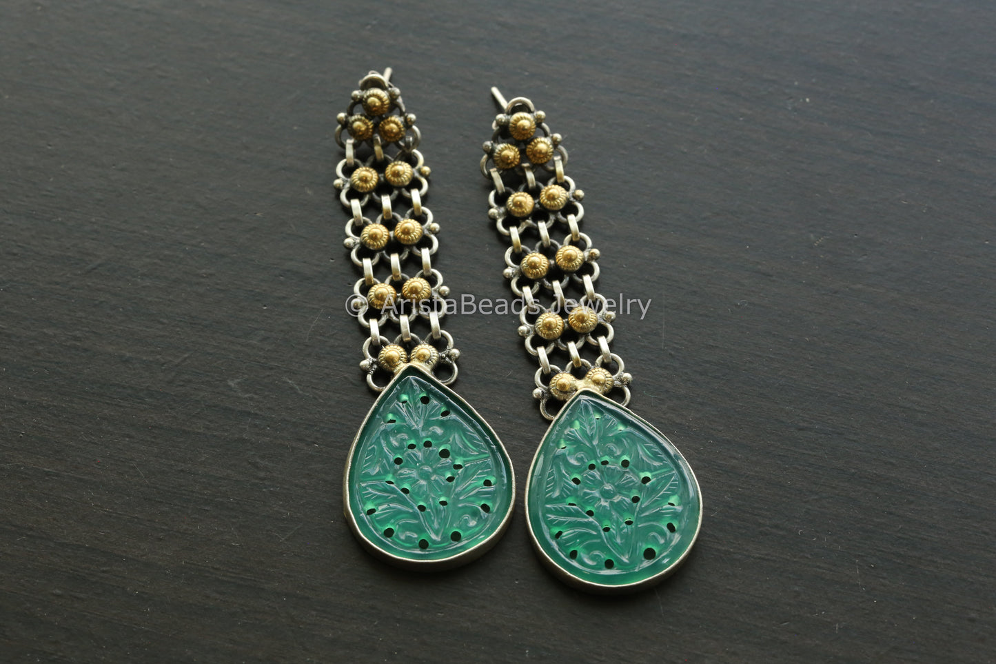 925 Long Hand Carved Semiprecious Stone Earrings