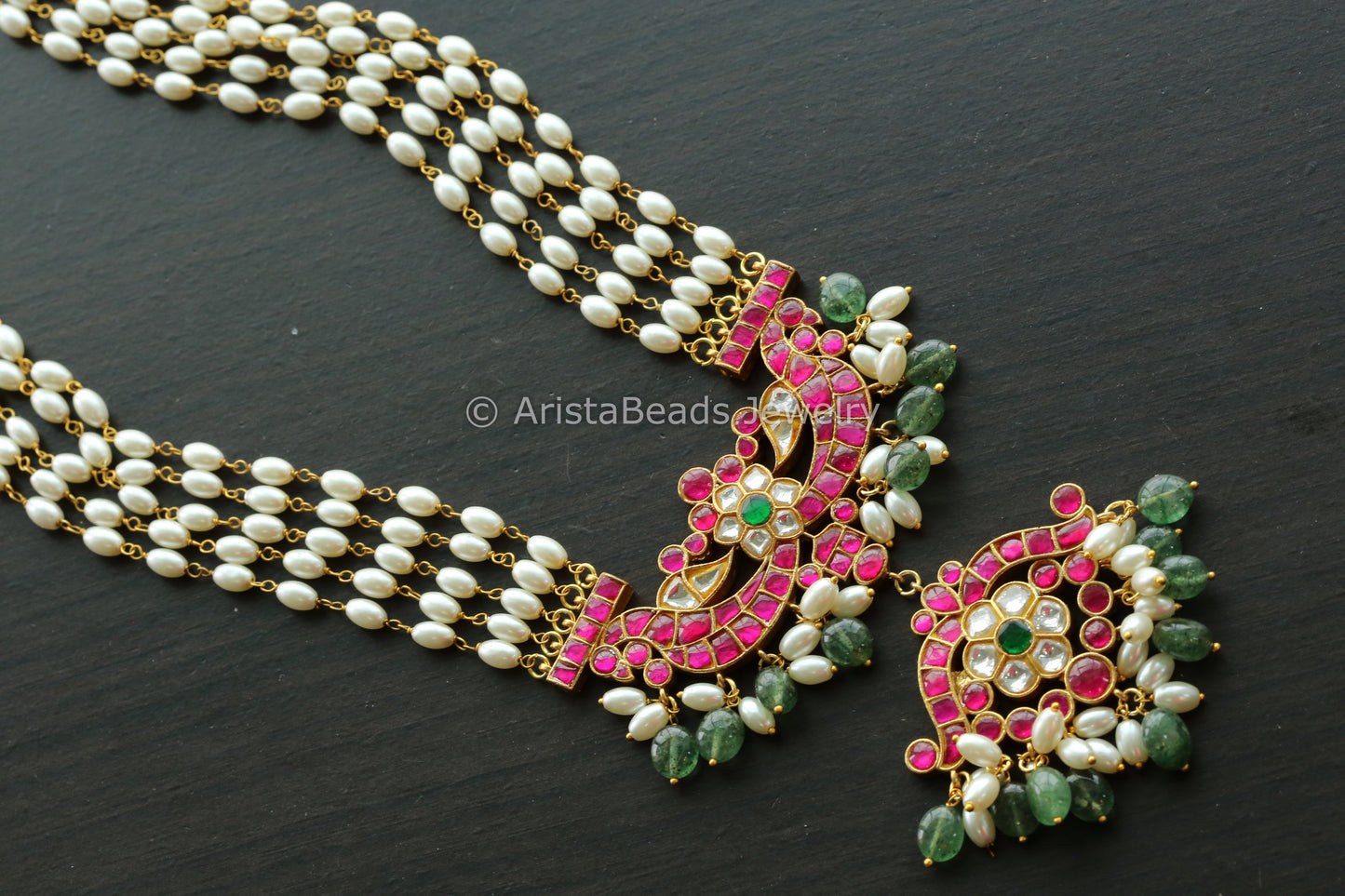 Jadau Kundan Rice Pearl Necklace - Aventurine Drops