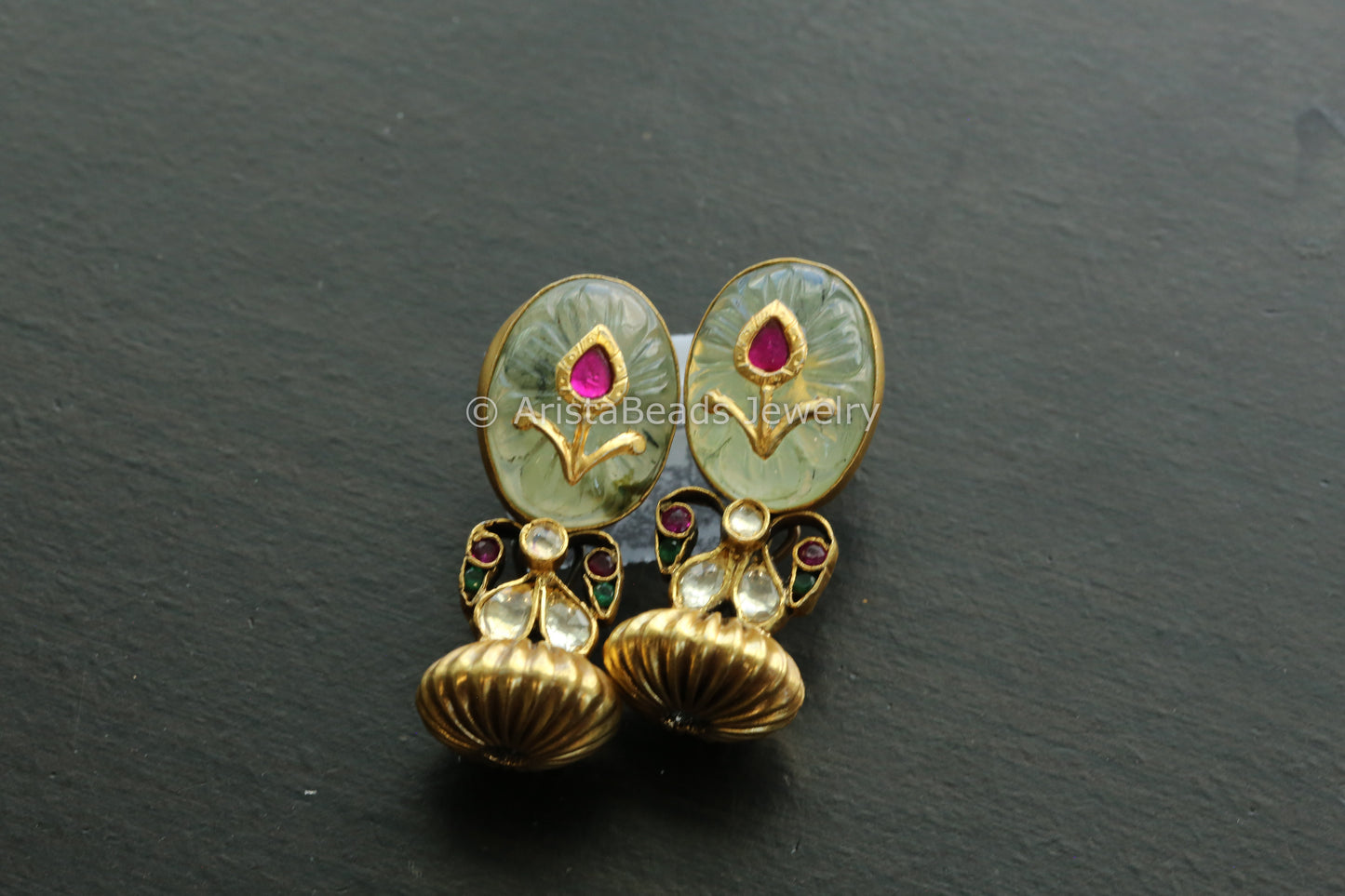925 Sterling Silver Carved Fluorite & Kundan  Earrings