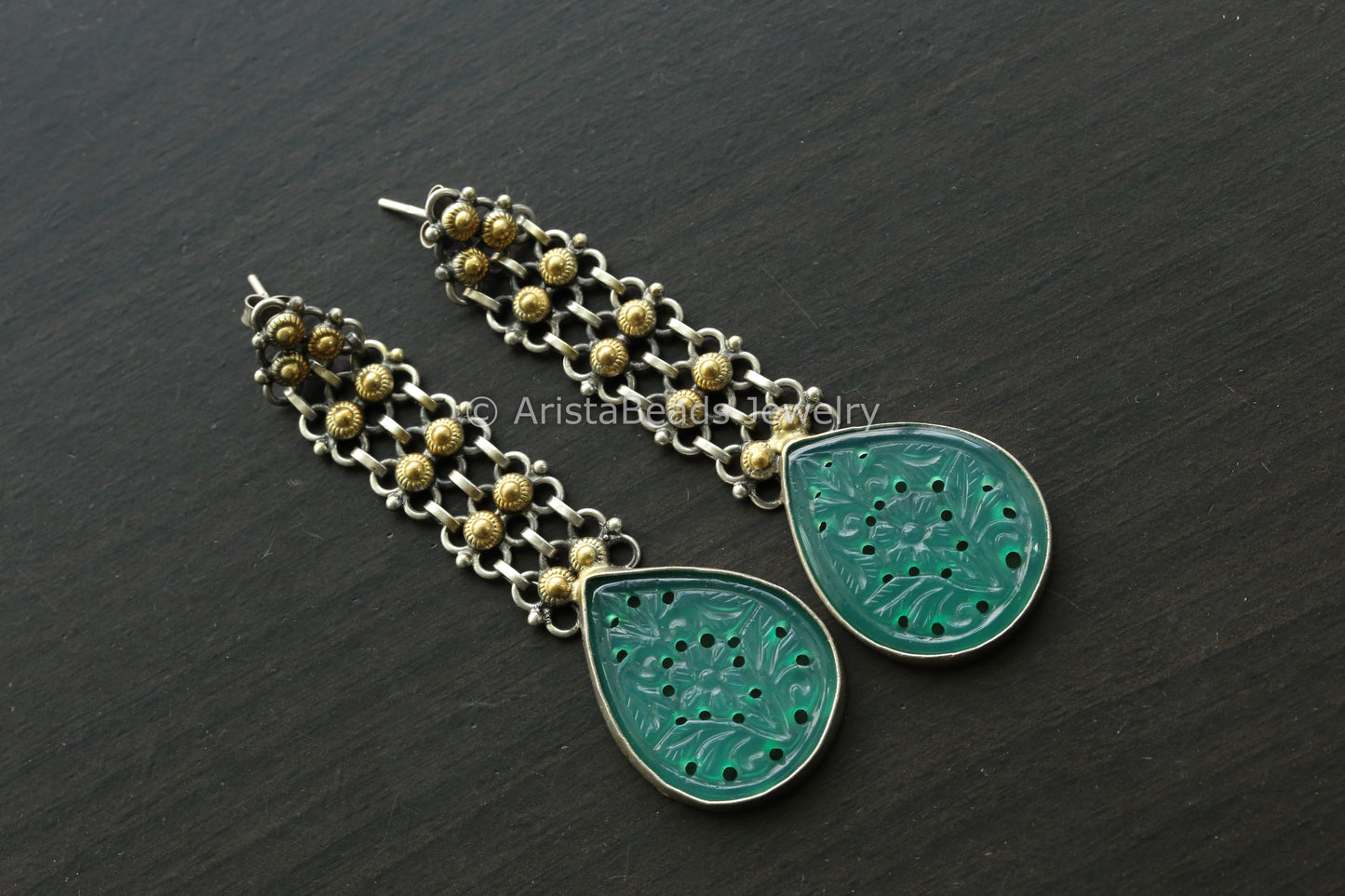 925 Long Hand Carved Semiprecious Stone Earrings