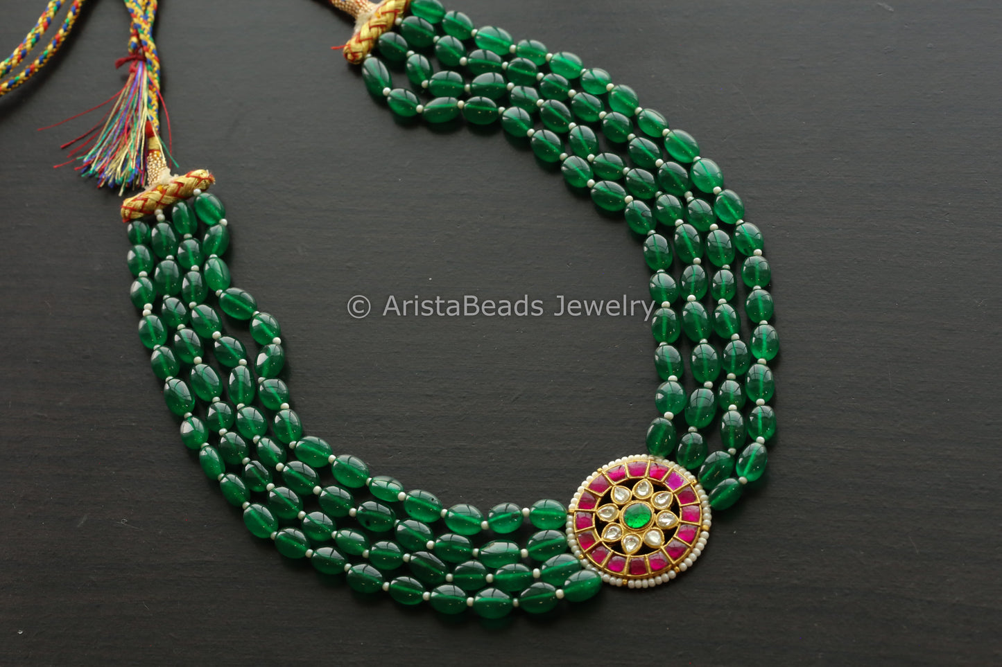 Jadau Kundan Green Jade 4 Line Necklace