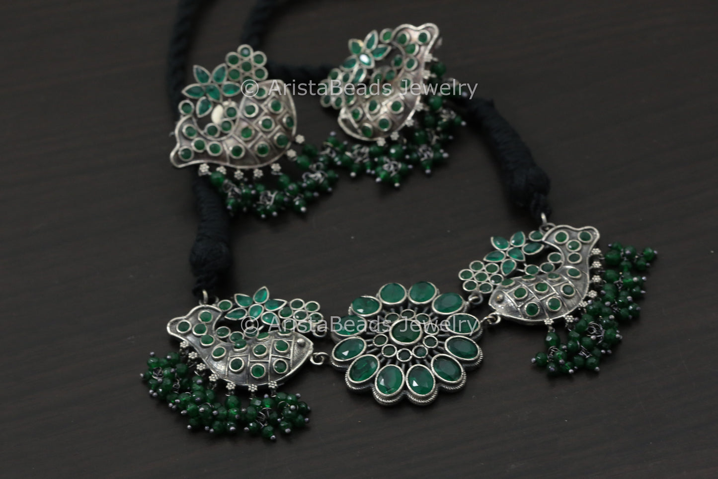 Silver Look Fish CZ Necklace Set - Green