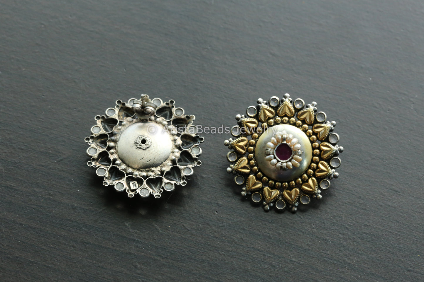 Large Dual Tone 925 Sterling Silver Polki Studs